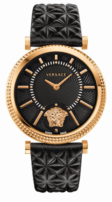 Versace V-Helix Damenuhr Schwarzes Leder rosegold 38mm VQG04 0015